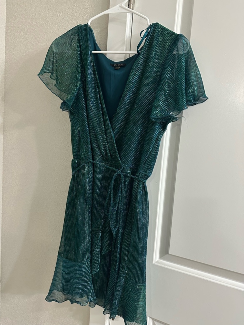 City Studio green Shimmer Wrap Mini Dress
